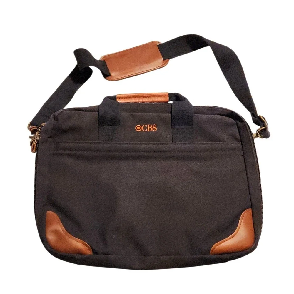 Lands End Square Rigger Briefcase Blue Canvas w/ Leather Trim Shoulder Strap